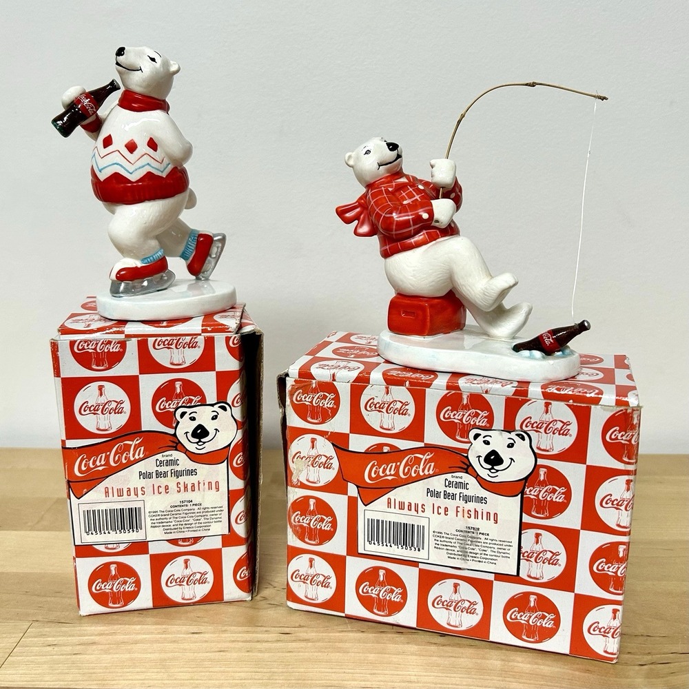 Vtg Coca Cola Polar Bear Ceramic Figurines Lot 2 Ice Skating Fishing 1995 Enesco